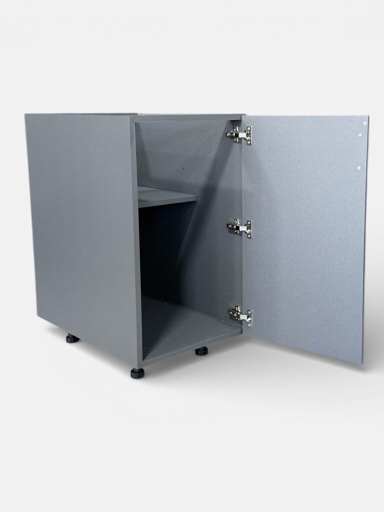 Gray single-door outdoor kitchen base cabinet shown open with an interior shelf