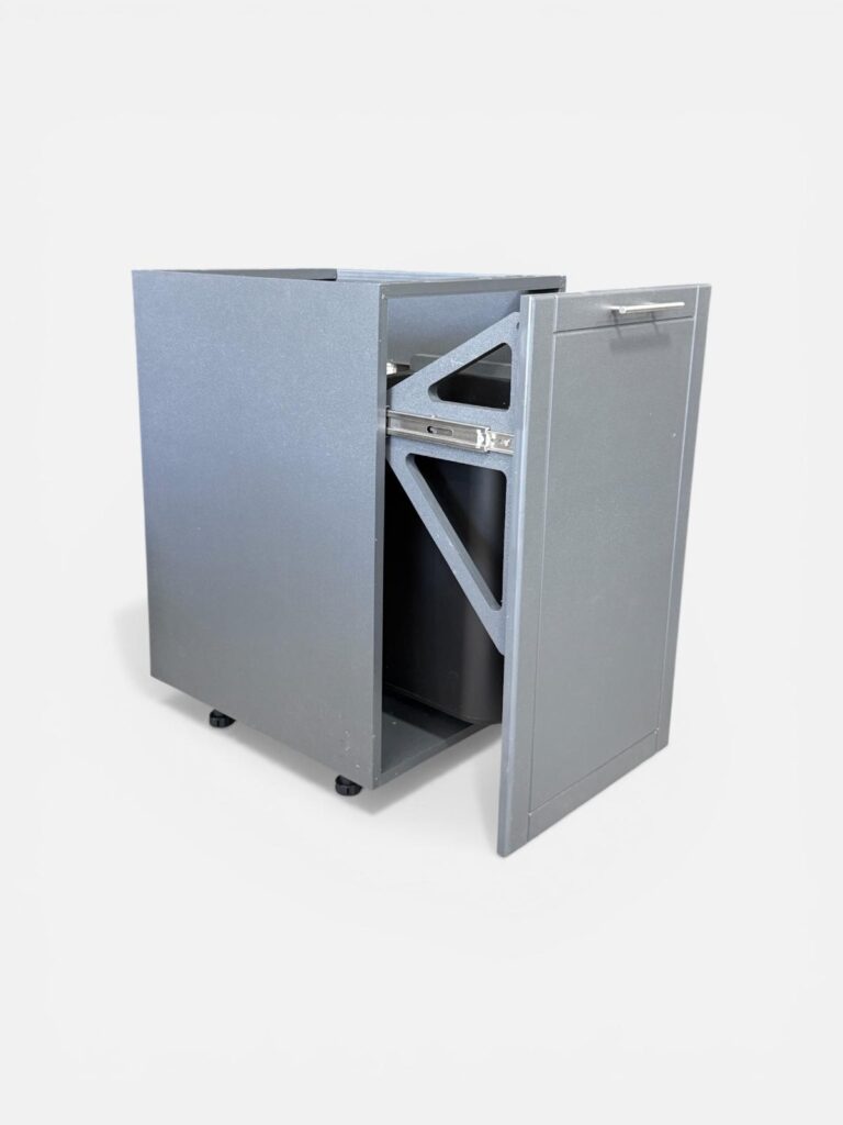 Trash cabinet for an outdoor kitchen layout