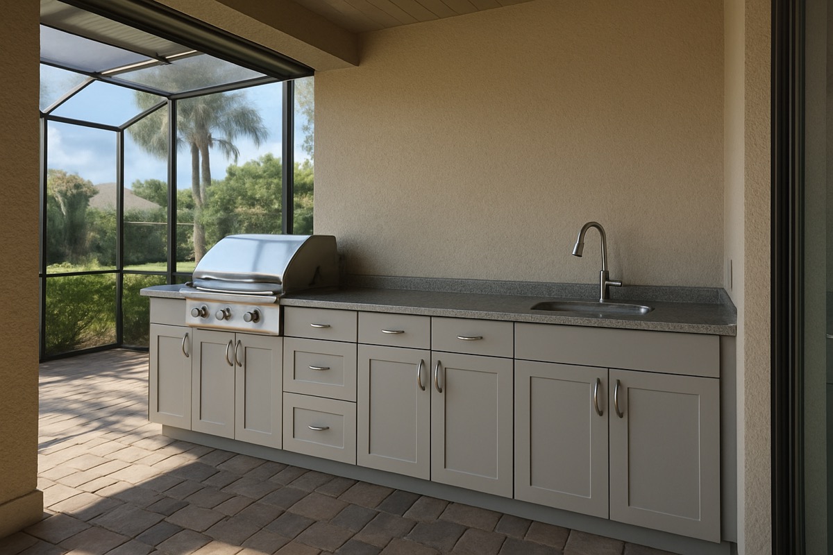Built-in outdoor kitchen with polymer cabinets integrated into a patio wall