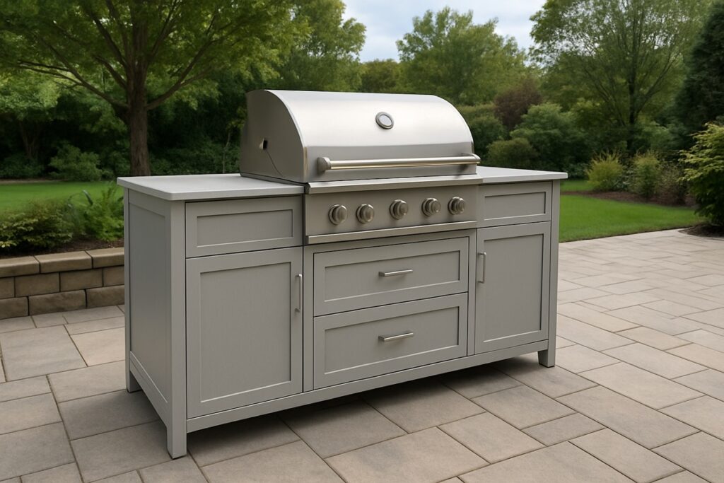 Freestanding outdoor kitchen cabinet setup on an open patio