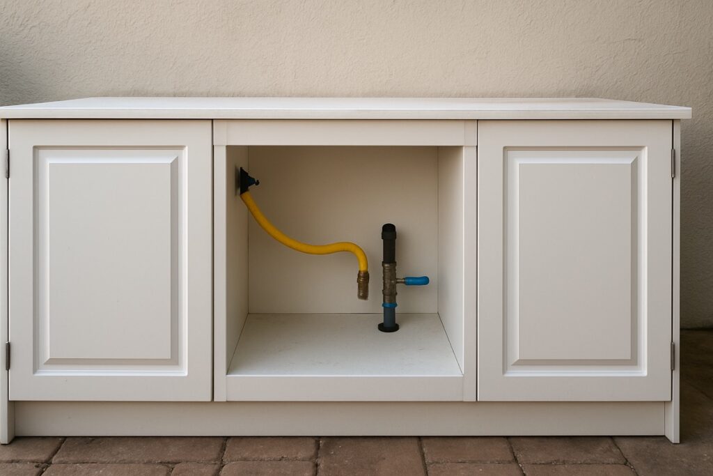 Outdoor kitchen cabinet run with utility connections behind it