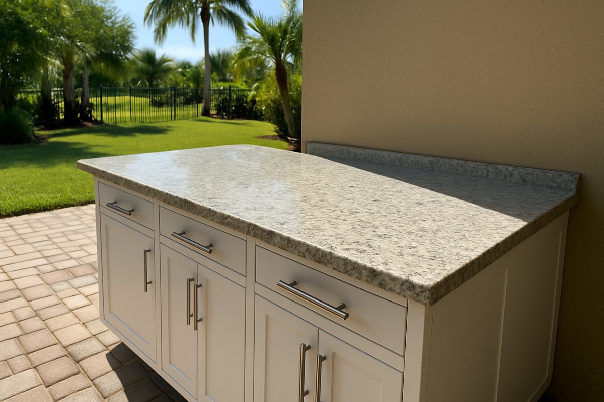 Light granite countertop on marine-grade polymer outdoor kitchen cabinets