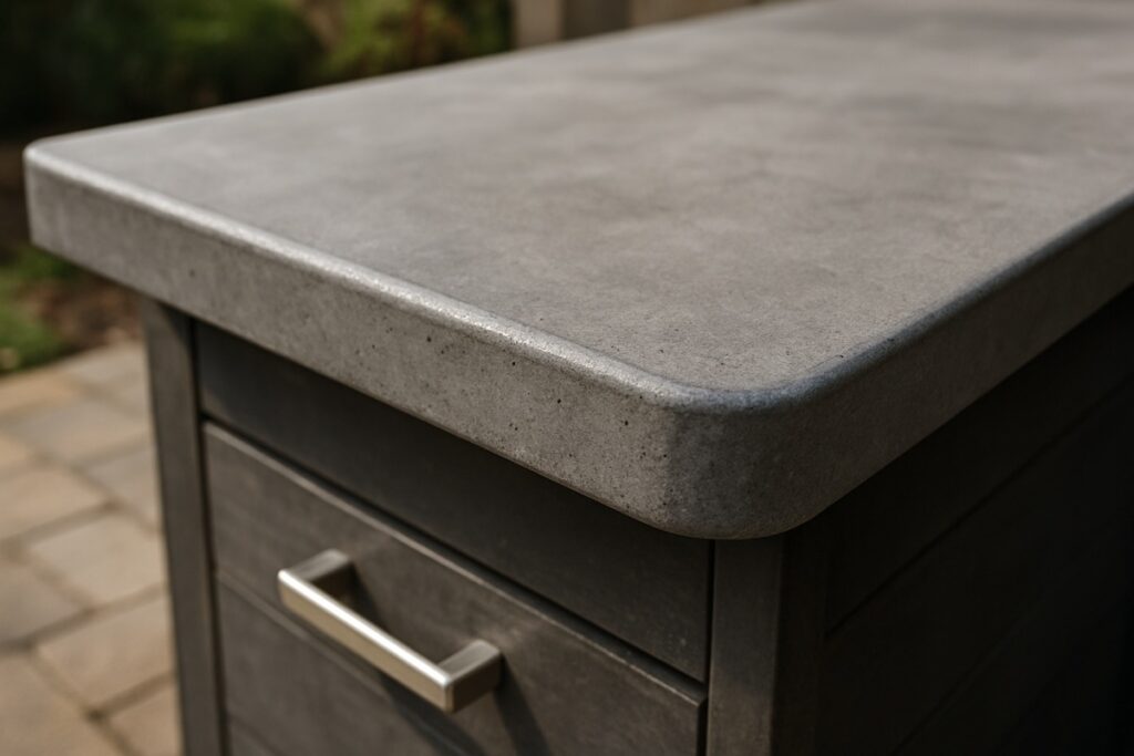 Close-up of a sealed concrete outdoor countertop edge