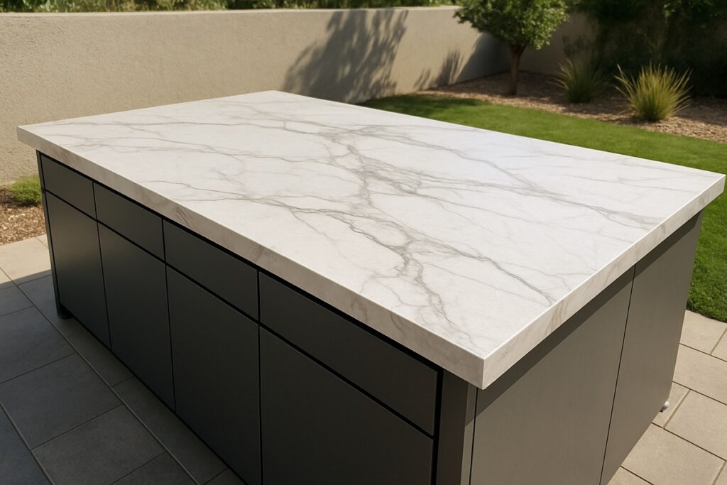Large-format porcelain countertop on an outdoor kitchen island