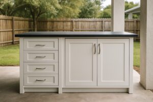 Outdoor kitchen with a polymer drawer stack next to a door base cabinet
