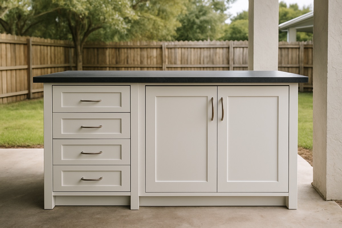 Outdoor kitchen with a polymer drawer stack next to a door base cabinet