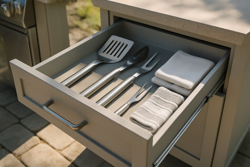 Open outdoor kitchen drawer holding grilling tools