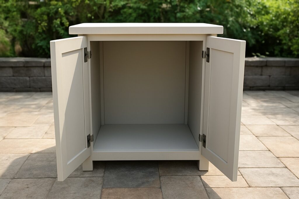 Open door base cabinet with storage room for bulky items