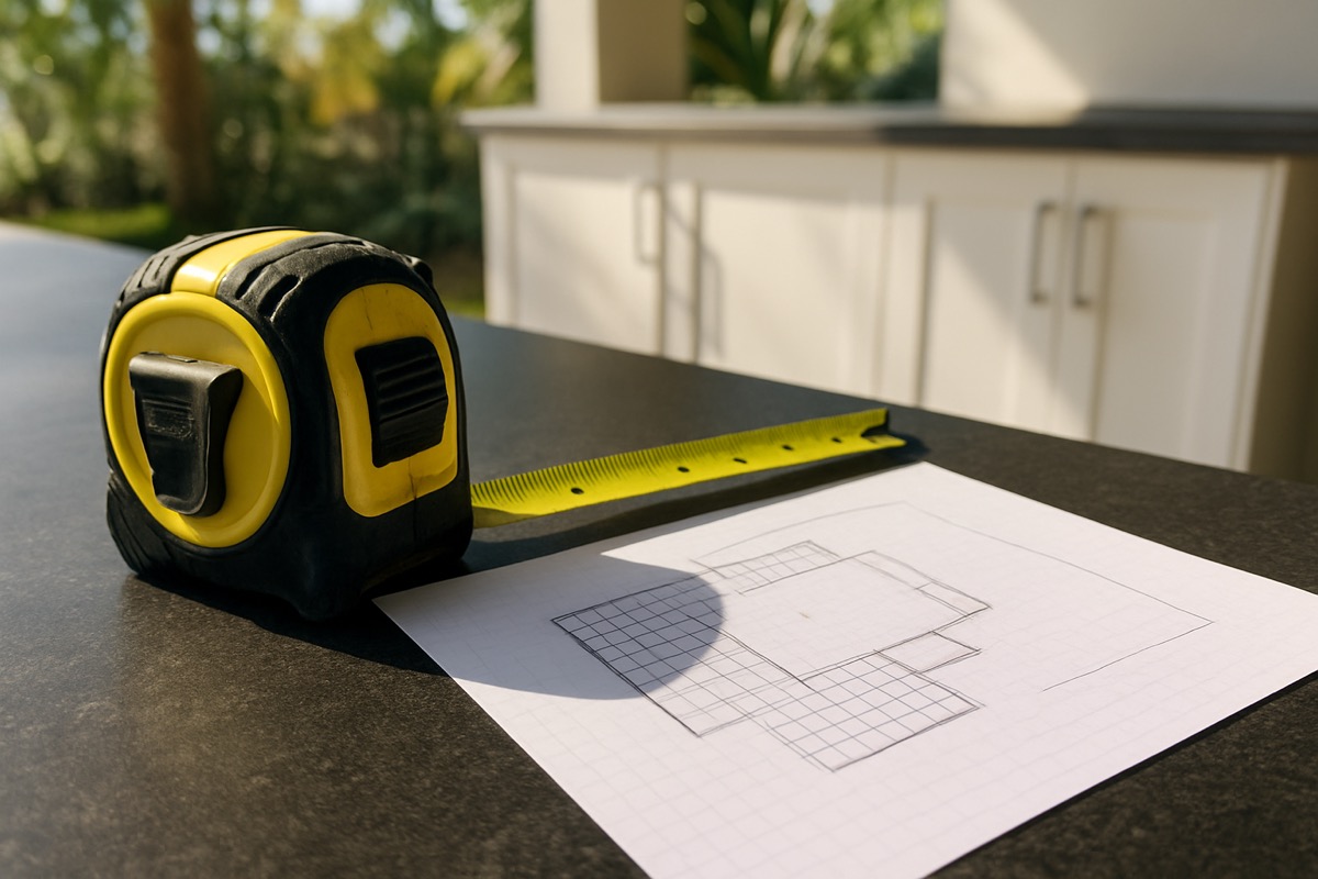 Tape measure and a hand-drawn patio sketch on an outdoor kitchen countertop