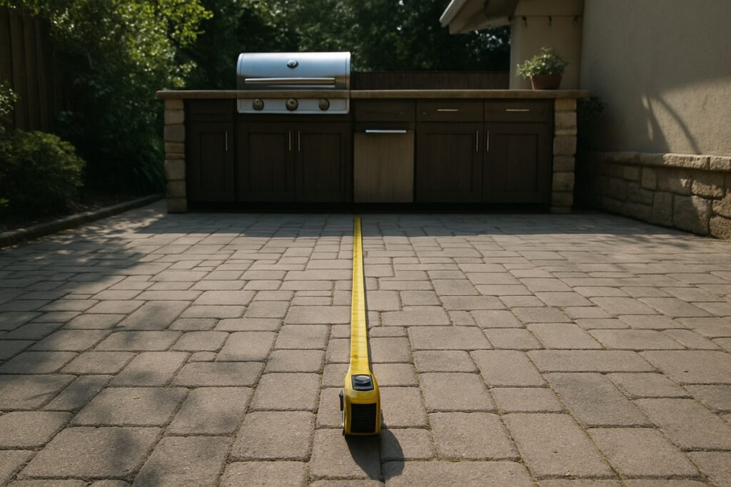Measuring the clearance in front of an outdoor kitchen cabinet run