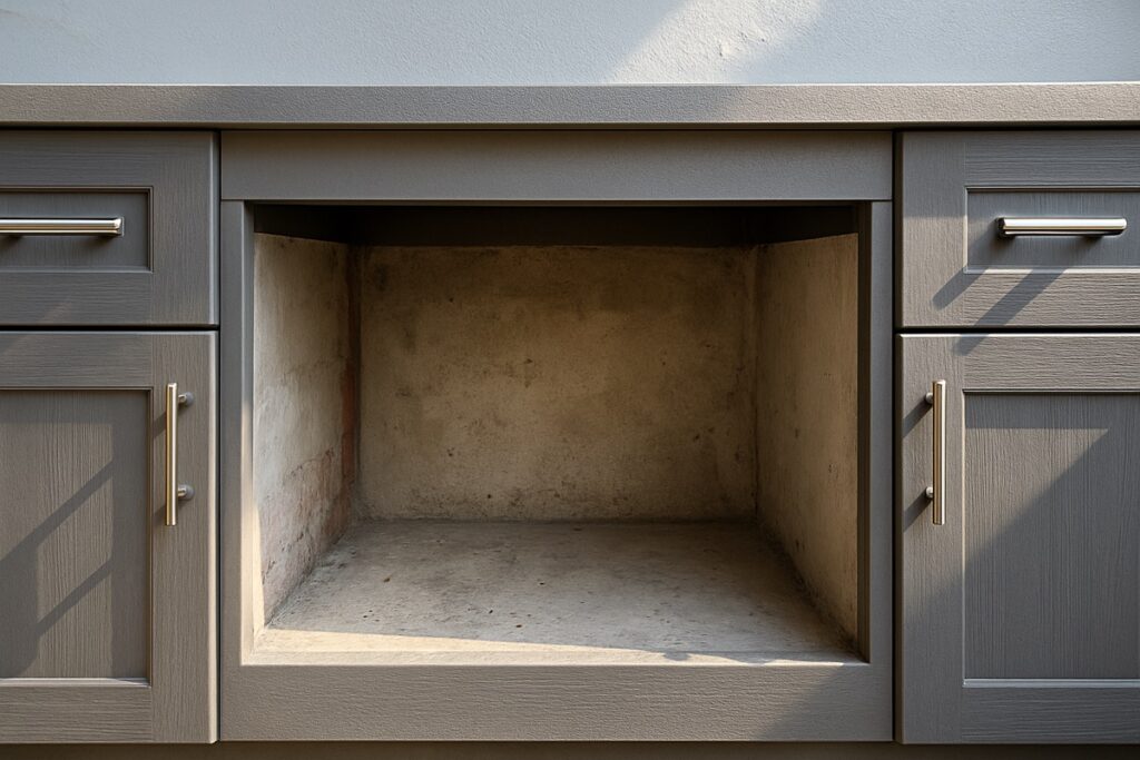 Grill cutout opening in an outdoor kitchen cabinet