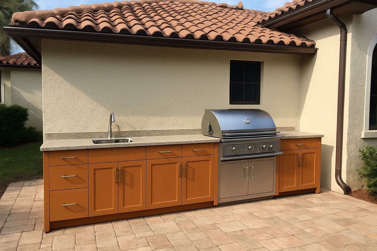 Outdoor kitchen cabinets coordinated with a Mediterranean-style Florida home exterior