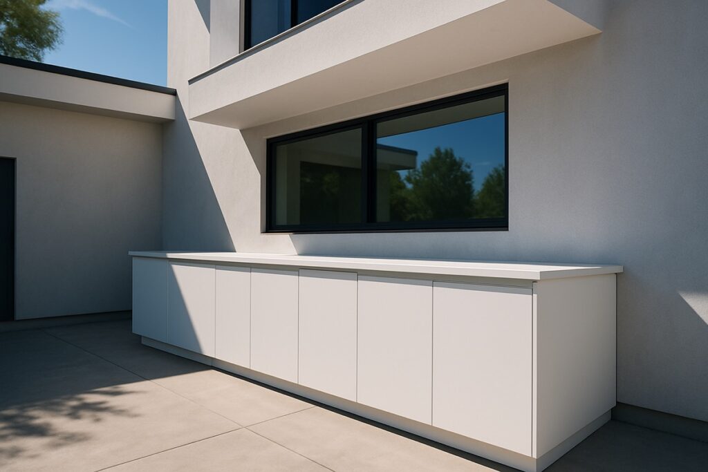 White slab outdoor kitchen cabinets against a modern home exterior