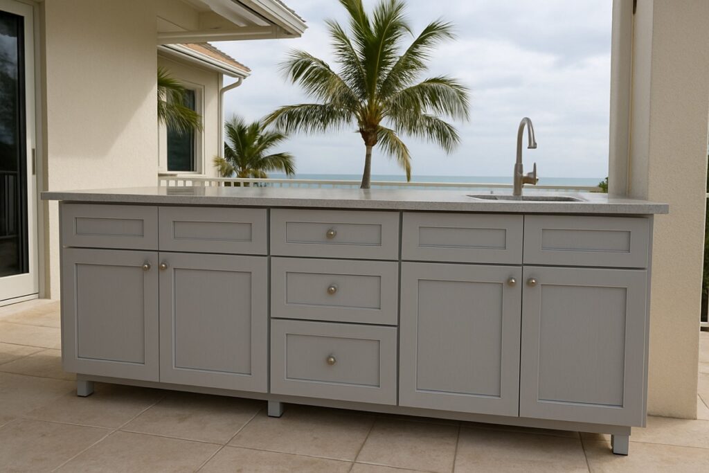 Light gray outdoor kitchen cabinets near a coastal Florida home