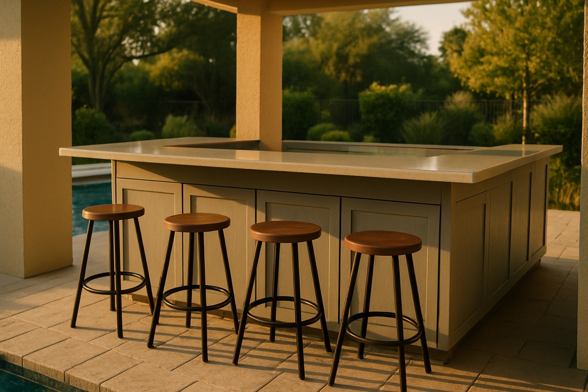 Outdoor bar with polymer cabinets and stools on a Florida pool patio