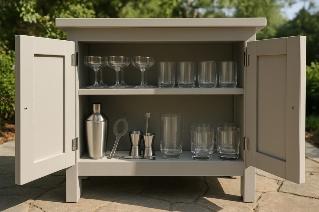 Open bar cabinet with glassware and bar tools stored inside
