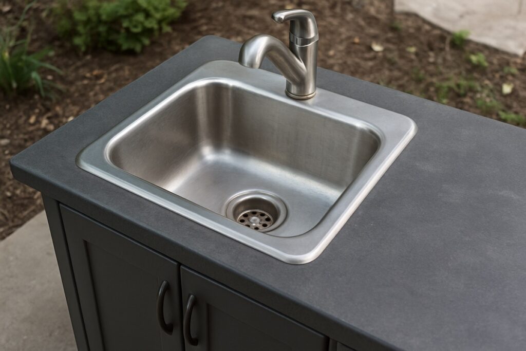 Compact bar sink built into an outdoor kitchen cabinet