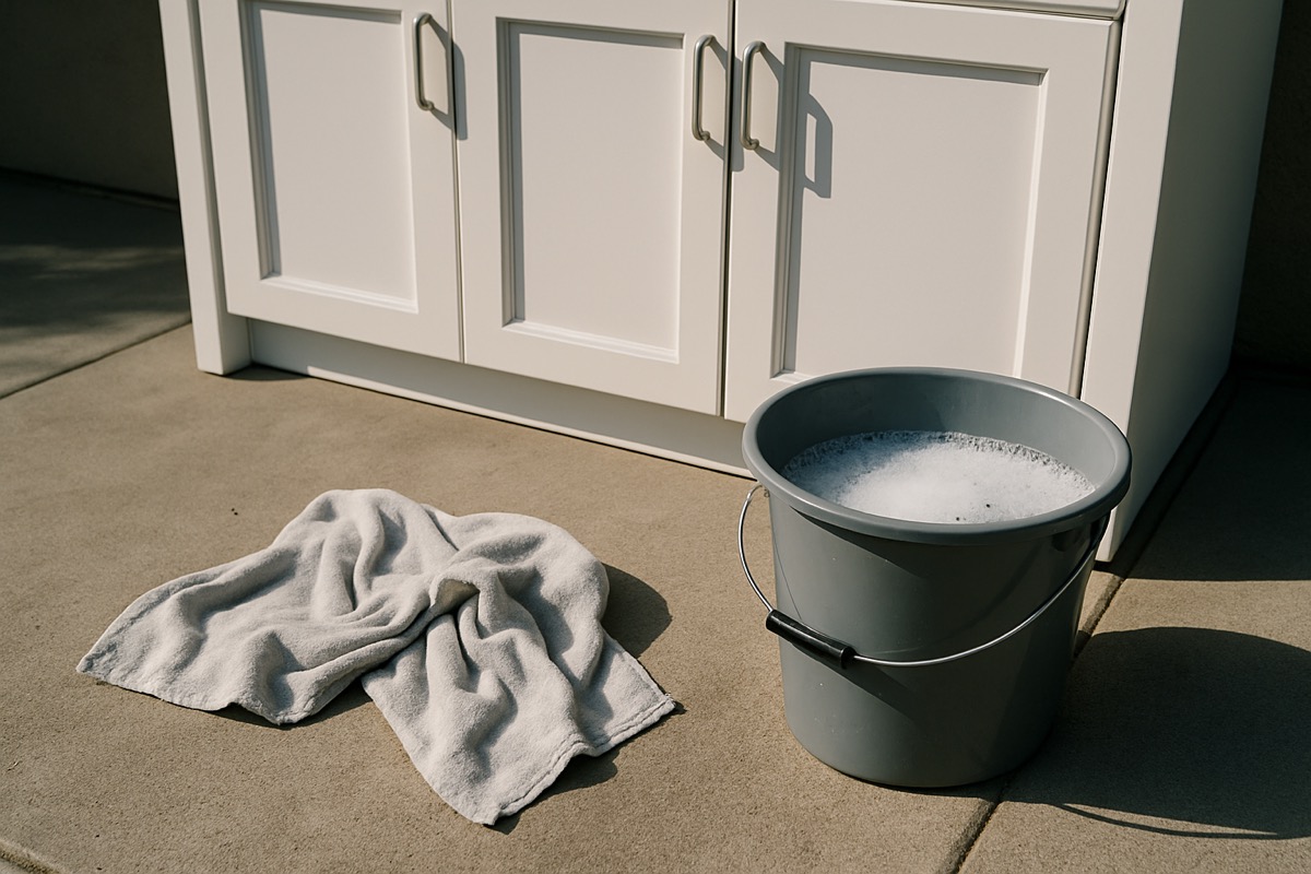 Wiping down marine-grade polymer outdoor kitchen cabinet doors with a soft cloth