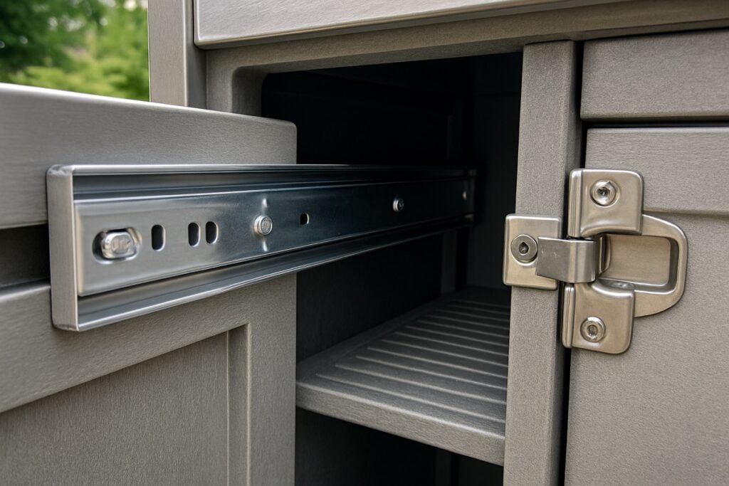 Stainless drawer glide on an outdoor kitchen cabinet