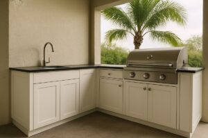 Marine-grade polymer outdoor kitchen cabinets with slab and shaker doors on a Florida patio