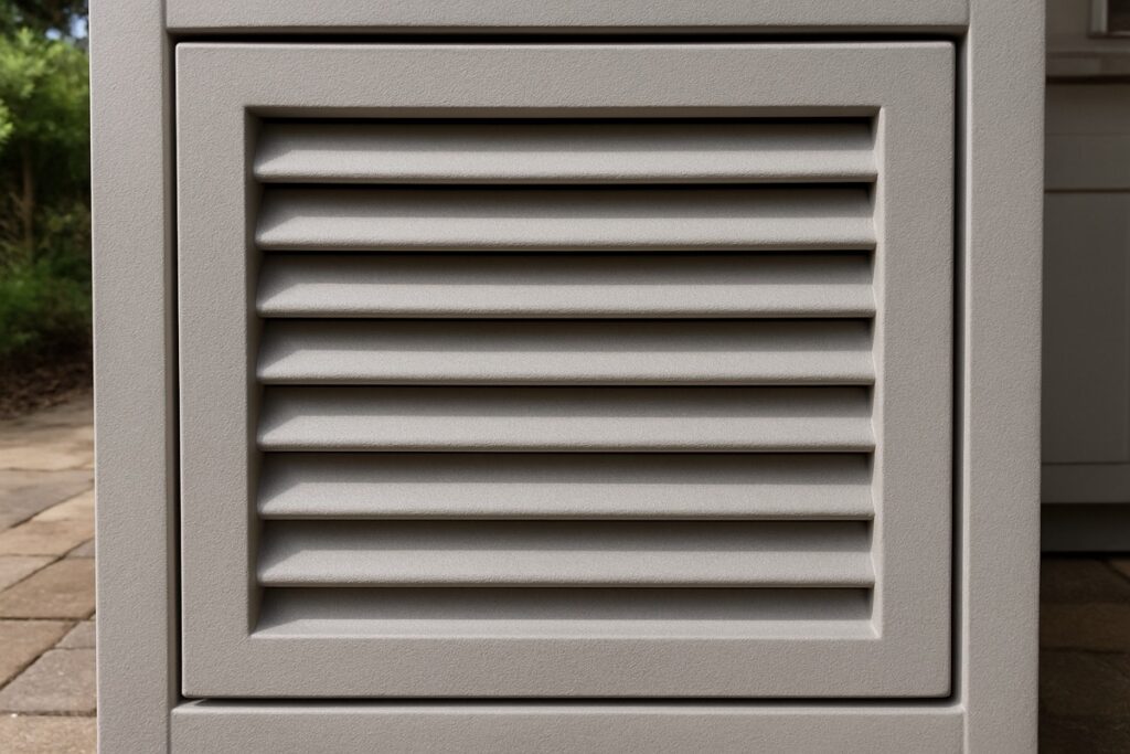 Close-up of a louvered polymer cabinet door for outdoor kitchen ventilation