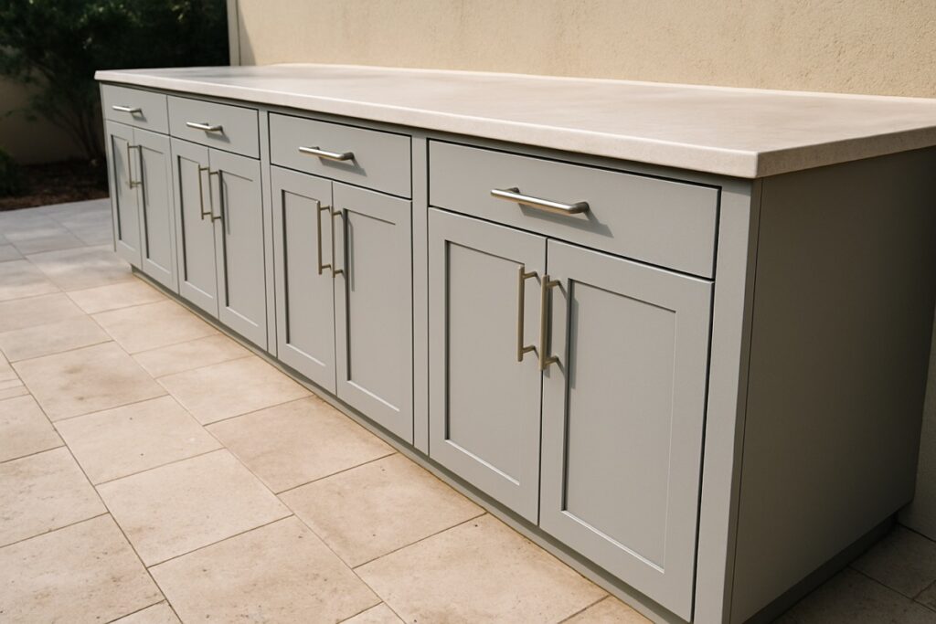 Slab-front outdoor kitchen base cabinets along a patio run