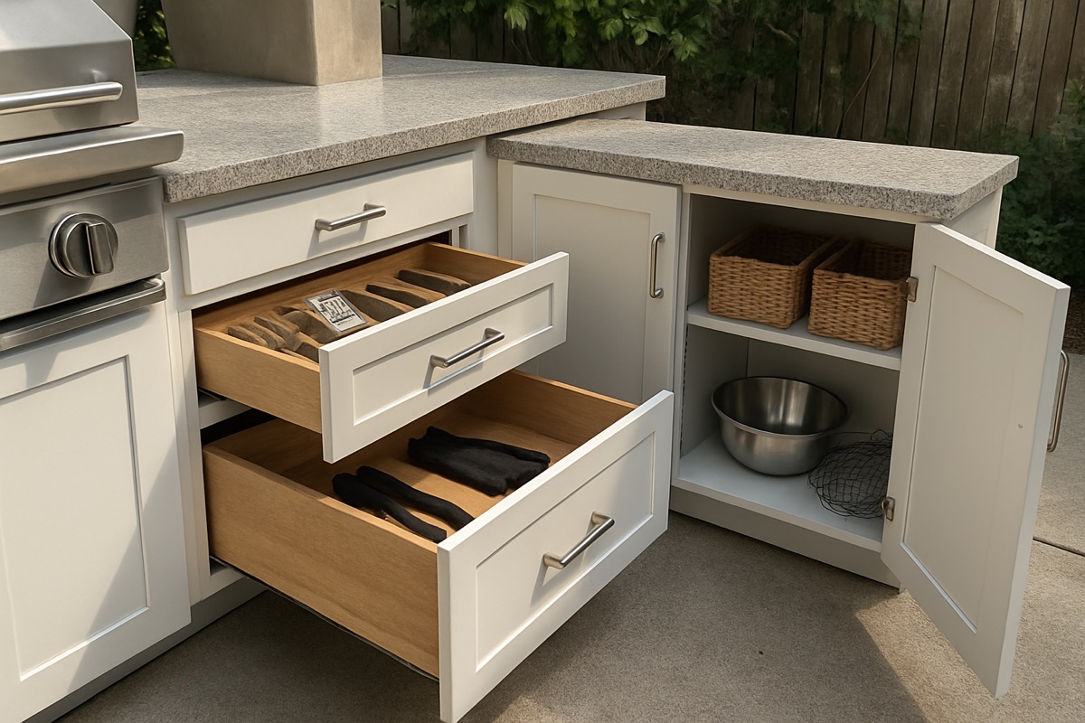 Outdoor kitchen drawers and cabinets organized with tools and supplies