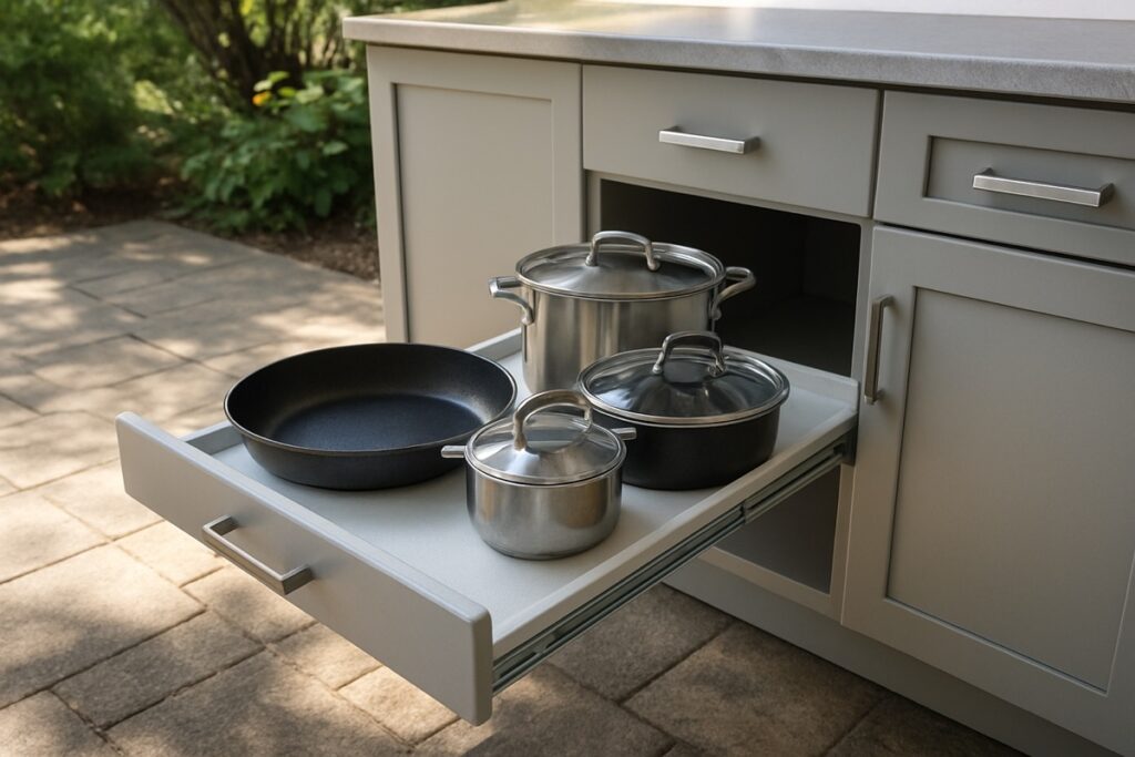 Pull-out shelf extended from an outdoor kitchen base cabinet