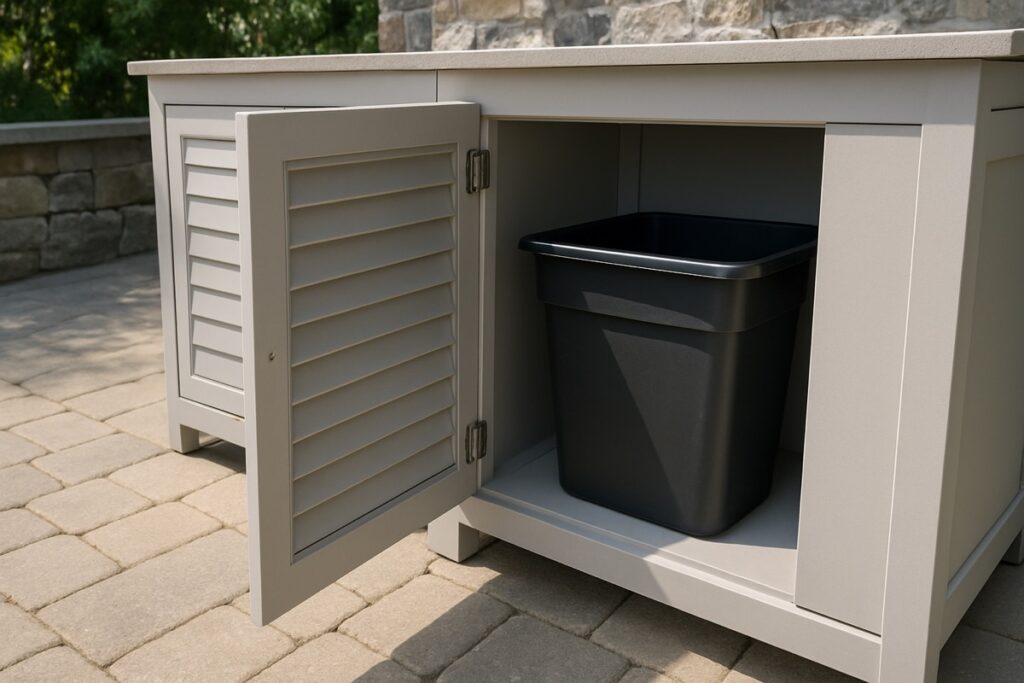 Outdoor kitchen trash cabinet with a louvered door open