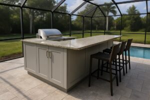 Freestanding outdoor kitchen island with bar seating on a Florida pool patio