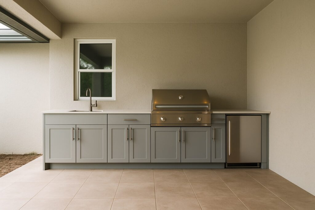 Straight-run outdoor kitchen cabinets along a screened lanai wall