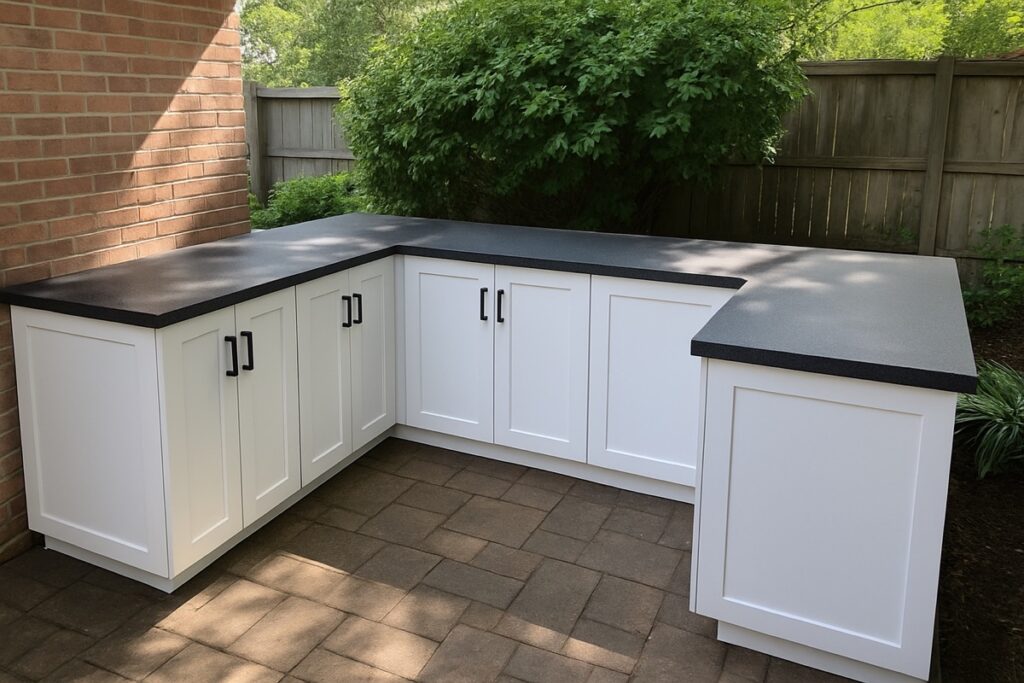 L-shaped outdoor kitchen cabinet layout hugging a patio corner