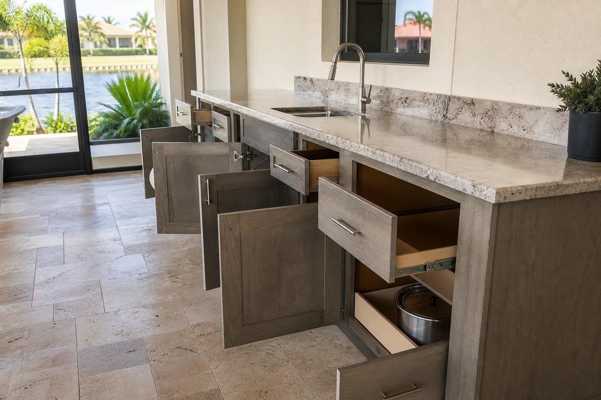 Outdoor kitchen cabinet doors and drawers open into the work aisle