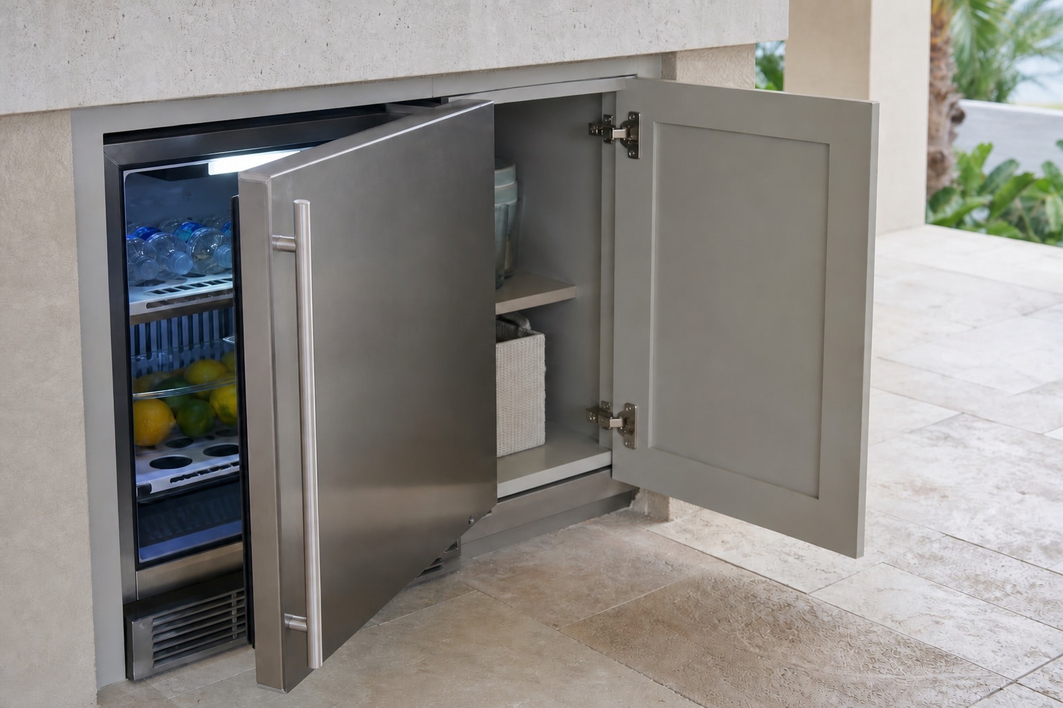 Outdoor refrigerator and cabinet doors open into the work aisle