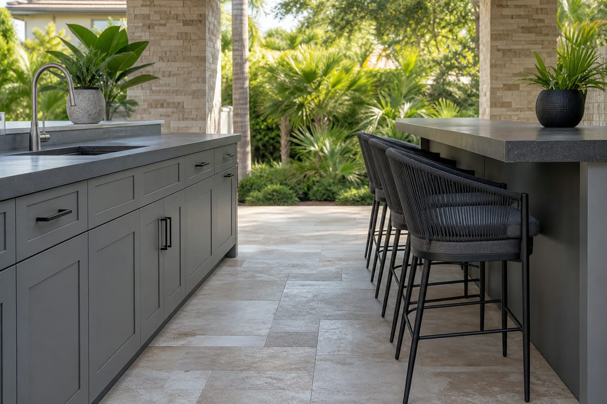 Outdoor kitchen aisle with bar seating along the opposite counter