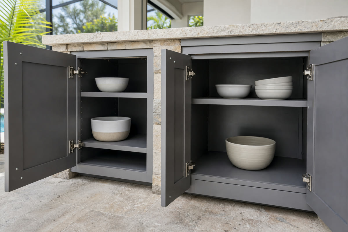 Two open outdoor kitchen cabinets showing different usable interior depths