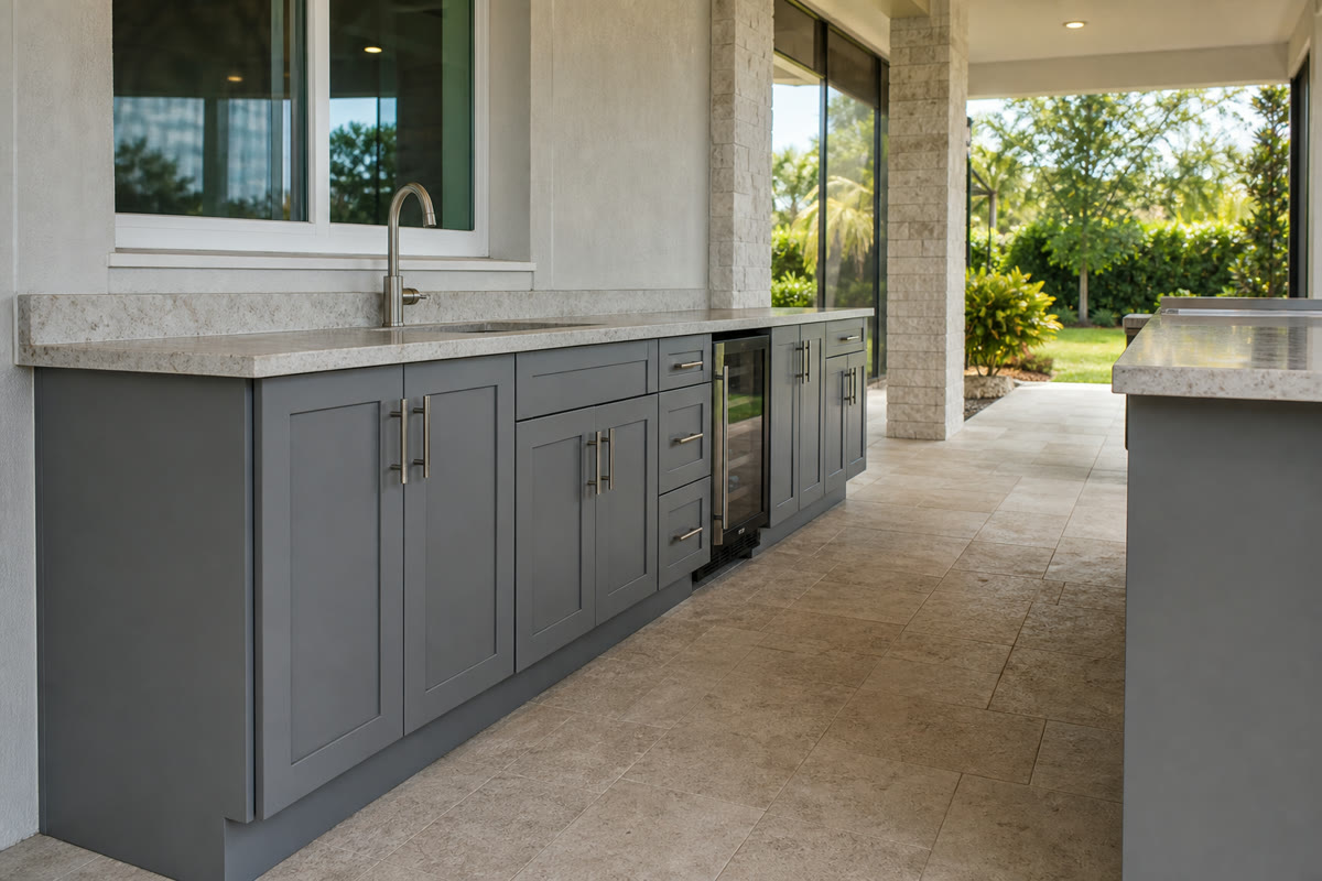 Long outdoor kitchen cabinet run with an aligned sink, cooler, and countertop