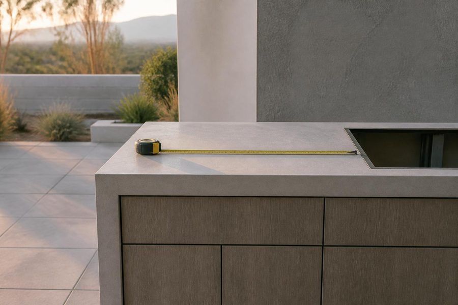 Tape measure laid across the top of a grill cabinet module beside the open grill cutout