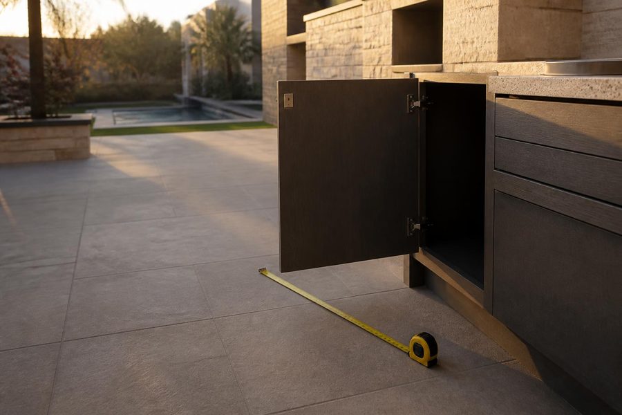 Outdoor kitchen cabinet door open at 90 degrees with a tape measure on the ground showing swing clearance