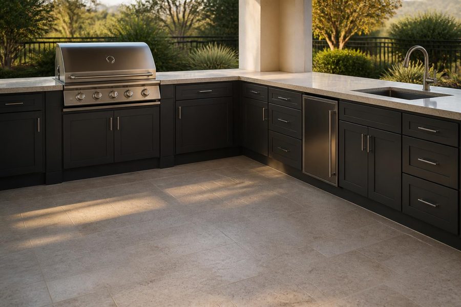 L-shaped outdoor kitchen cabinet corner showing open floor space between two adjoining runs