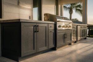 Dark outdoor kitchen cabinets with a built-in stainless grill and stone countertop on a covered patio