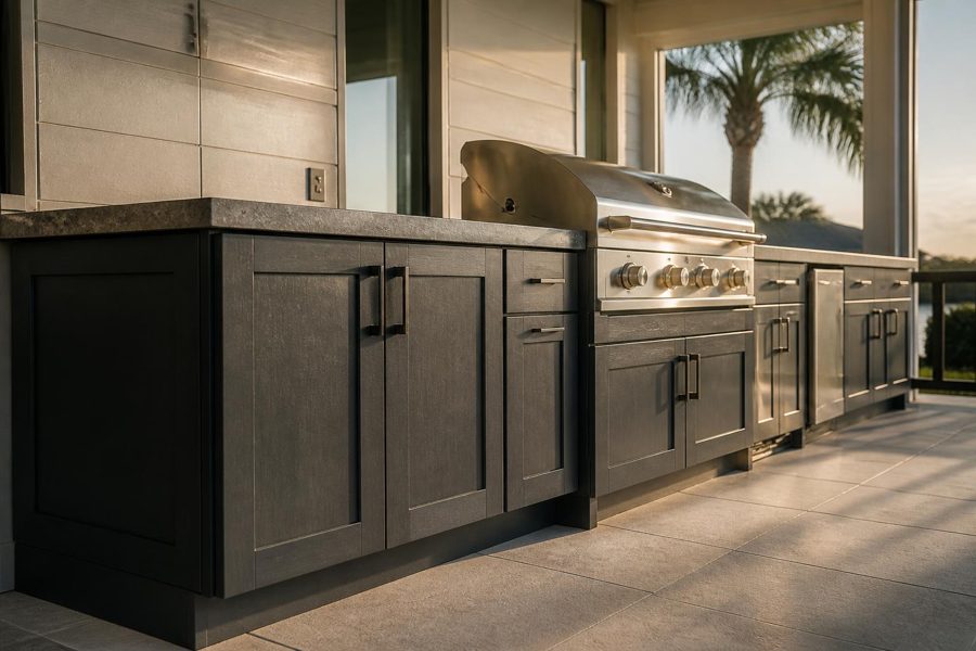 Dark outdoor kitchen cabinets with a built-in stainless grill and stone countertop on a covered patio