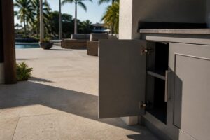 Grey outdoor kitchen cabinet with its door open onto a stone patio beside a pool