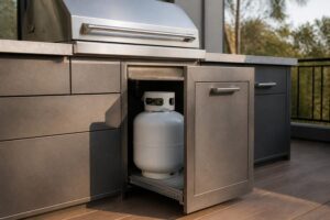 Propane tank sitting in a pull-out drawer cabinet beneath a stainless outdoor grill