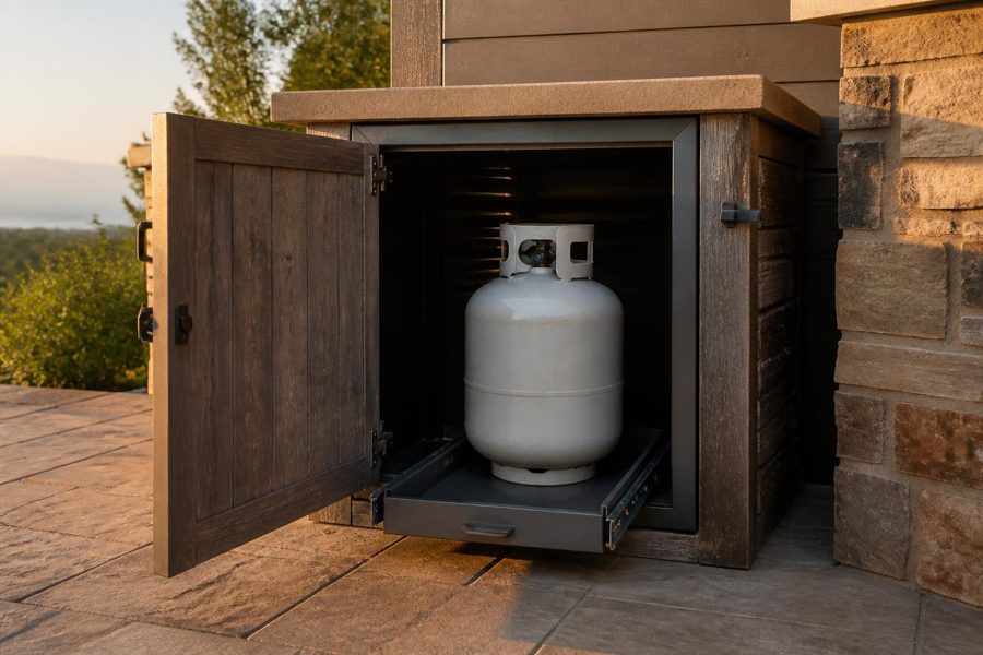 Propane tank cabinet door open showing tank access and the pull-out tray on a patio