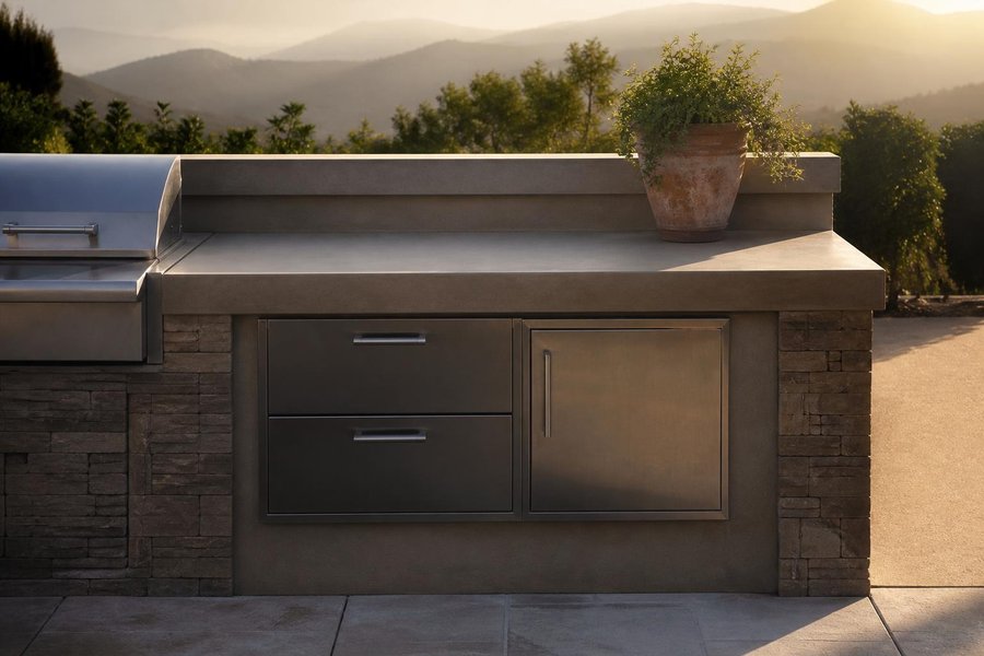 Side Burner and Prep Station Cabinet Cutouts for Outdoor Kitchens: Countertop, Drawers and Access Door Beside Grill