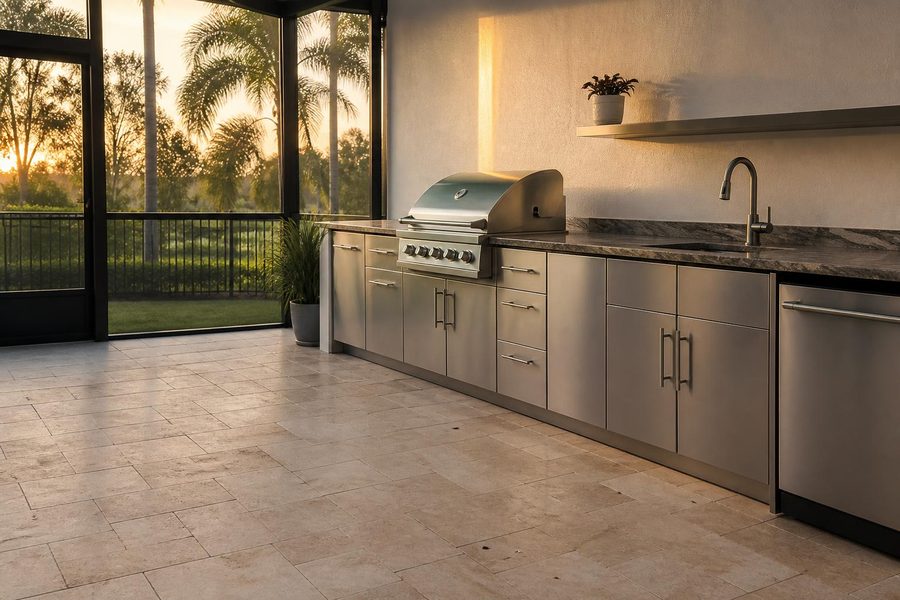 Outdoor kitchen cabinet run built along the wall of a screened lanai with clear walking space in front of the doors
