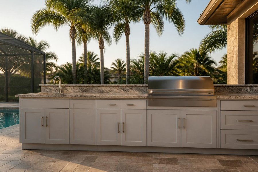 Light gray shaker-style outdoor kitchen cabinets with a built-in grill and granite countertop beside a pool and palm trees