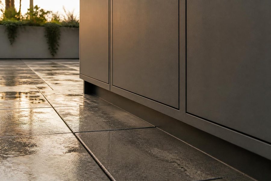 Outdoor kitchen cabinet run with a recessed toe kick sitting slightly above the patio surface after a rain shower