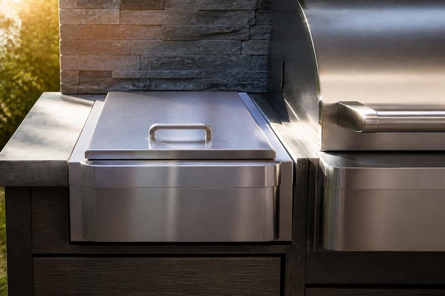 Side Burner and Prep Station Cabinet Cutouts for Outdoor Kitchens: Stainless Lidded Unit Beside Grill
